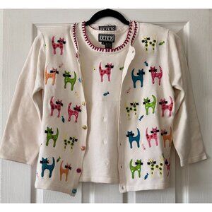 VTG Berek 2 Takako Sakon Cats & Fish Multi Beaded Sweater/Tank Top Set Sz Small